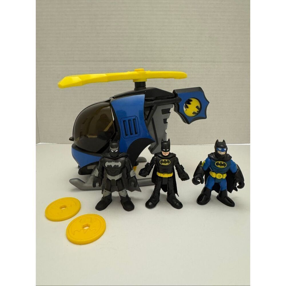 Imaginext DC Super Friends BATCOPTER Helicopter 3 Batman Figures 2 Batbot Discs